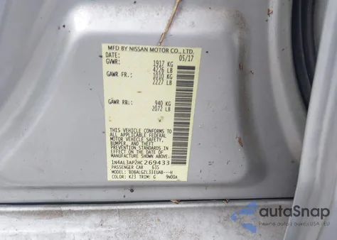 2017 Nissan Altima 2.5/S/Sv/Sl/Sr из США, поврежденный, VIN 1N4AL3AP2HC269433